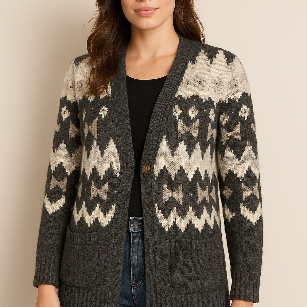 J.Jill Petite XS Fair Isle Wool Blend Cardigan Sweater – Gray/White, beads